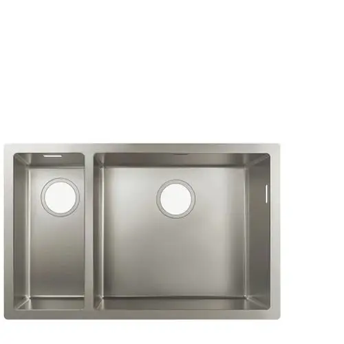 Edelstahl-Doppelsenkbecken mit zwei gleich großen Becken und runden Löchern in jeder Beckenmitte. Unterbaustil, geeignet für die Montage in Küchen. Von Hansgrohe.